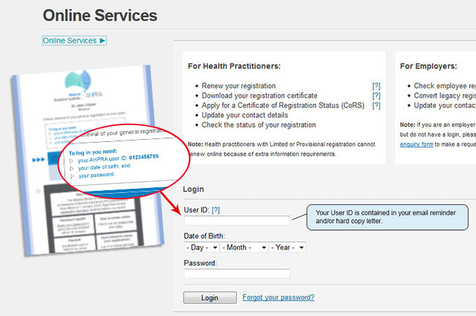 A screenshot of the online services page and a renewal letter. The renewal letter has the section highlighted where you will find your user ID. 